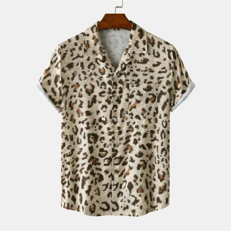Summer 3D Leopard Print Shirts For Men Clothes Casual Vacation Short Sleeve Streetwear Button Clothing Mens Lapel Blouse Tops 250206