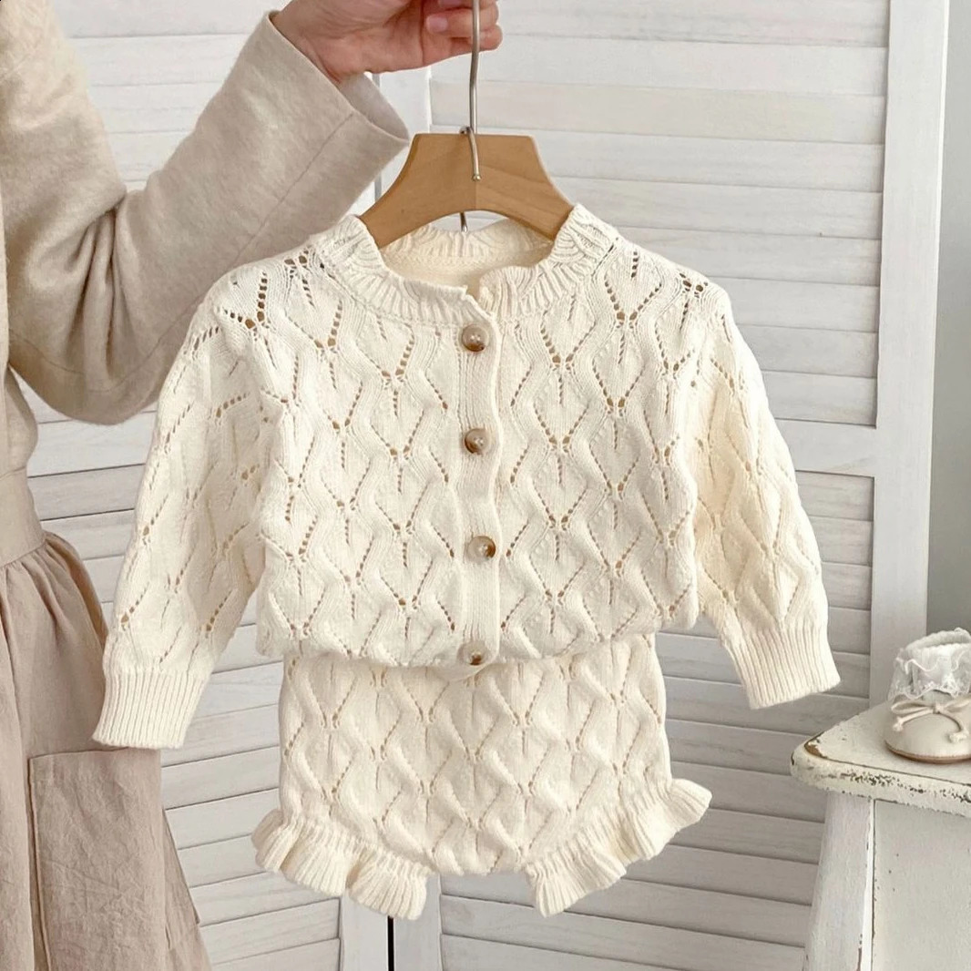 0-3T born Kid Baby Girl Clothes Set Hollow Out Long Sleeve Top Shorts Set Born Baby Sweater Set Cute Knitwear Outfit 250206