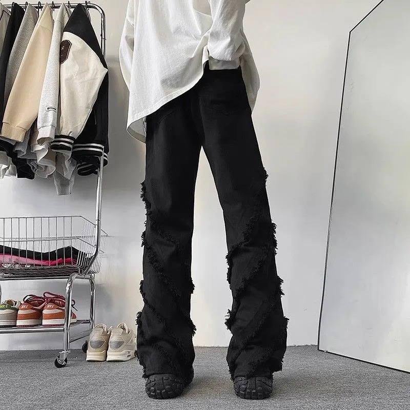 Y2K American Fashion High Street Vibe Destroyed Fringed Jeans Men And Women Vintage Harajuku Wide Leg Micro-trumpet Slacks 250206