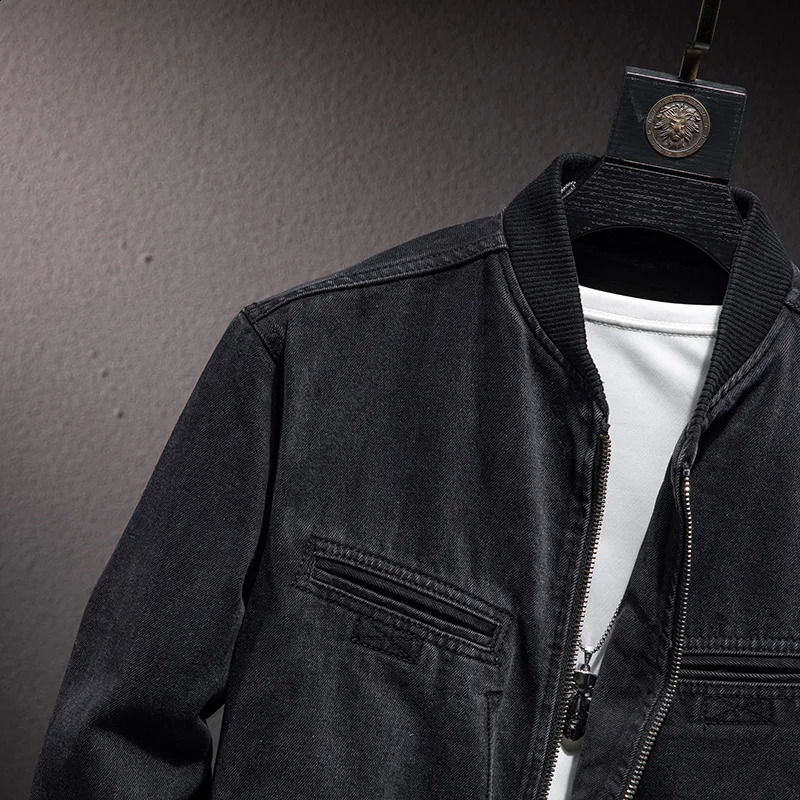 autumn mens denim jacket fashion casual loose O-Neck denim jacket classic black retro cotton jacket mens 250206