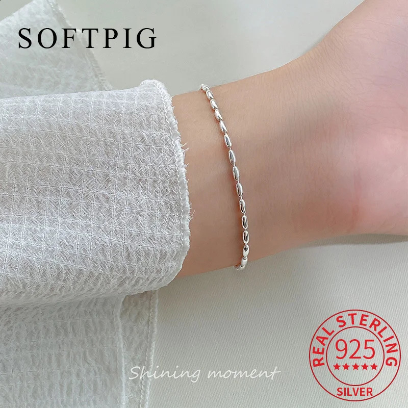 SOFTPIG Real 925 Sterling Silver Rice Beads Chain Charm Bracelet for Women Trendy Fine Jewelry Minimalist Accessories 250121