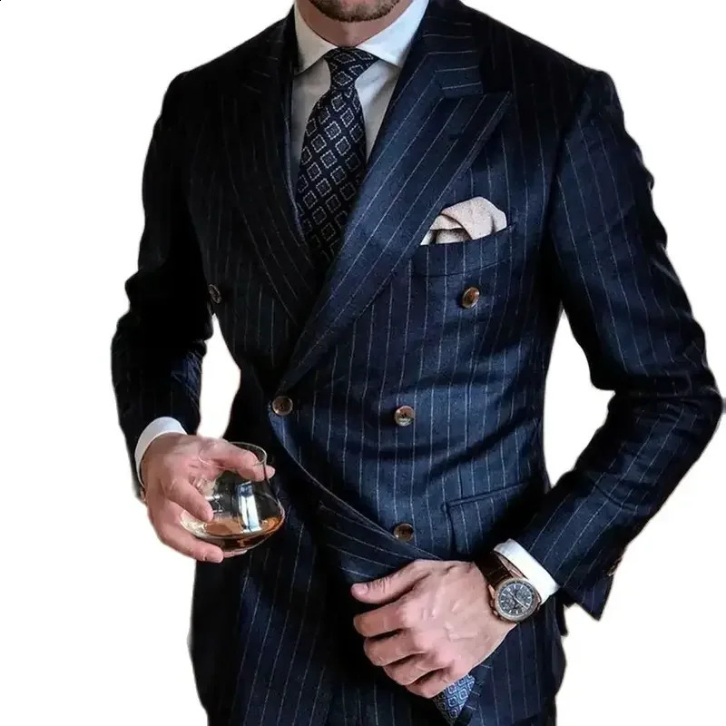 2 Piece Elegant Wedding Men Suits Regular Length Navy Blue Double Breasted Lapel Stripe Jacket Pants Outfits Costume Homme 250121