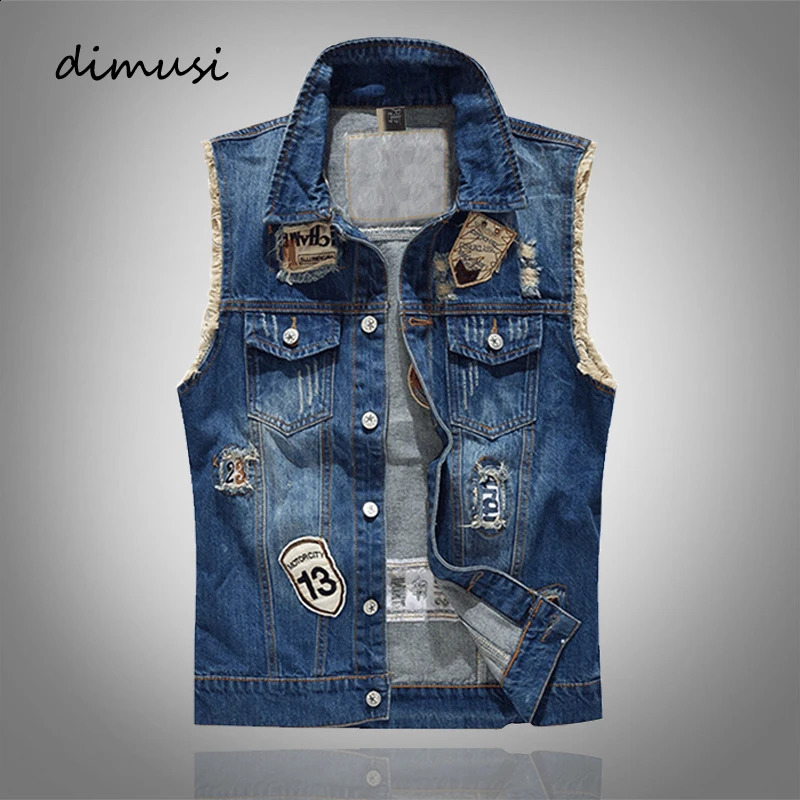 Spring Summer Mens Denim Vest Fashion Male Hip Hop Patch Hole Waistcoats Male Night Club Party Jeans Sleeveless Jacket Clothing 250206