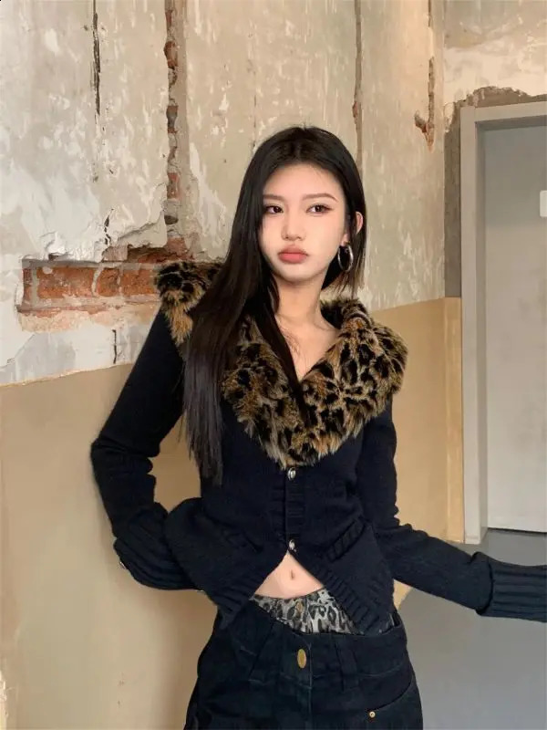 American V-neck Leopard Print Fur Collar Cardigan Autumn Winter Sweaters Coat Y2k Slim Fit Long Sleeve Tops Women 250122