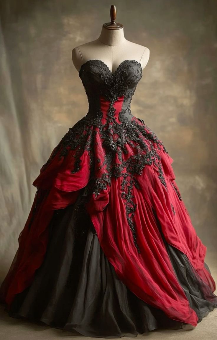 Black And Red Vintage Prom Dresses Lace Appliques Sweetheart Sleeveless Long Gothic Special Occasion Gown Tiered Masquerade Dress For Women