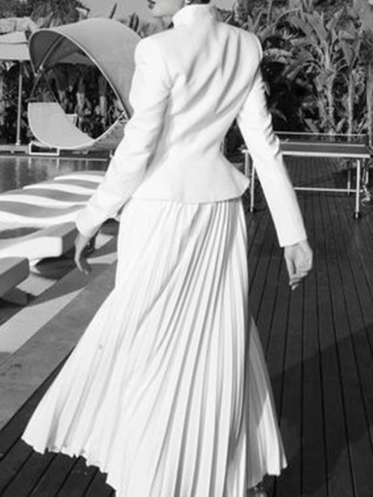 TWOTWINSTYLE Solid Two Piece Set For Women Stand Collar Long Sleeve Spliced Button Tops High Waist Skirt Chic Set Female Fashion 250116