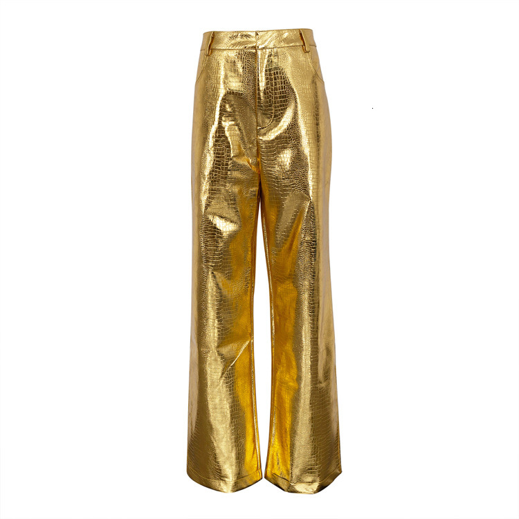 Gold Sliver Straight Wide Leg Pants For Women 2025 Fashion Streetwear High Waist Scale Leather Party Club Trousers