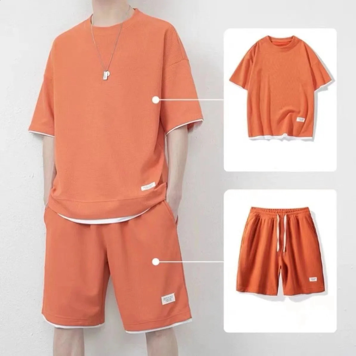 Summer Fashion Casual Ice Silk Shorts Set Men Panelled Round Neck Short Sleeved T-shirt Elastic Waist Drawstring Pocket Set 250121