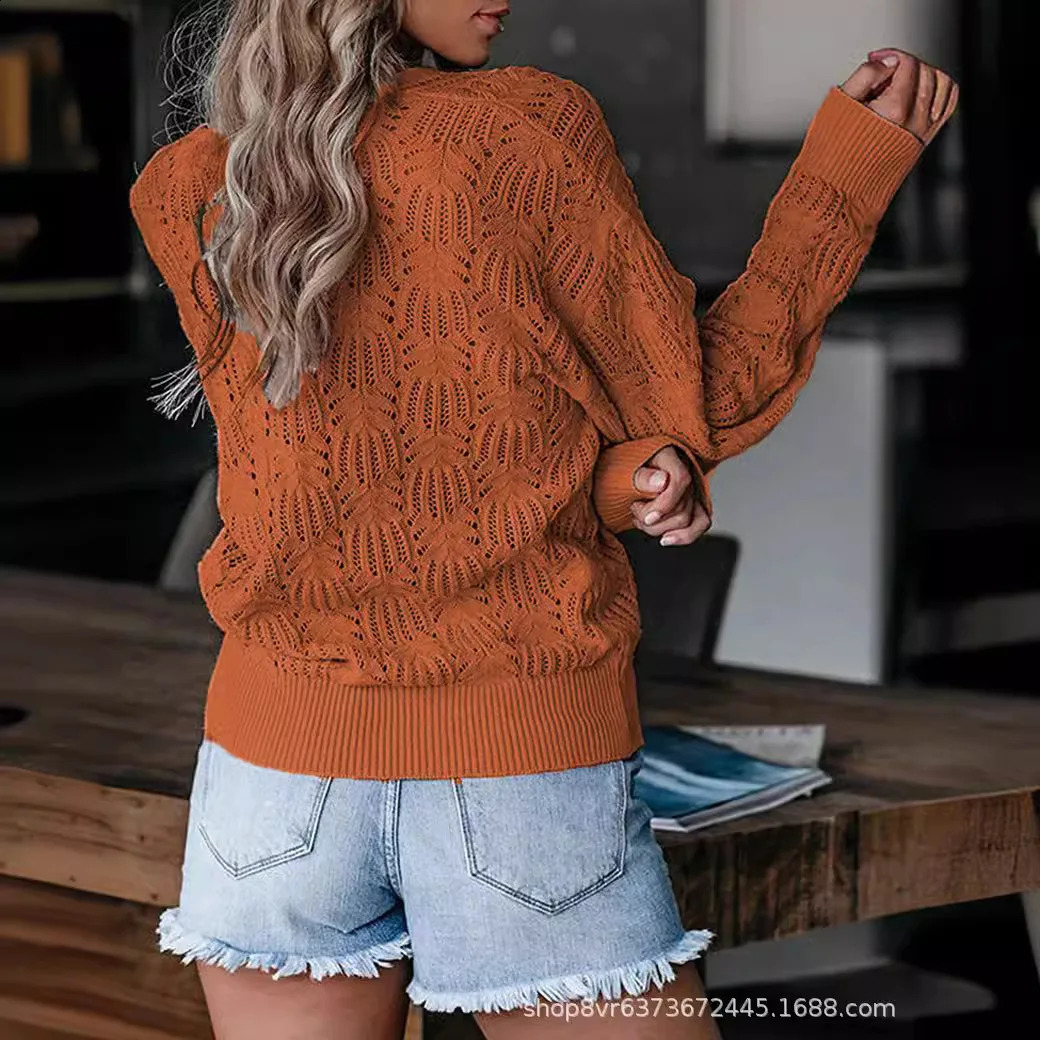 Womens Knitted Solid Color Long Sleeve Hollow Top Fashion Sweater 250206