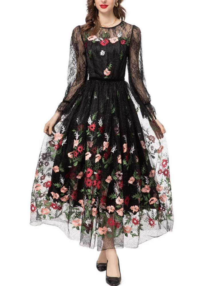 OC134M04 Spring and Summer Women's Dresses Multicolored Round Neck Long Sleeved Handmade Embroidered Diamond Lace Gorgeous Long Skirt for Commuti