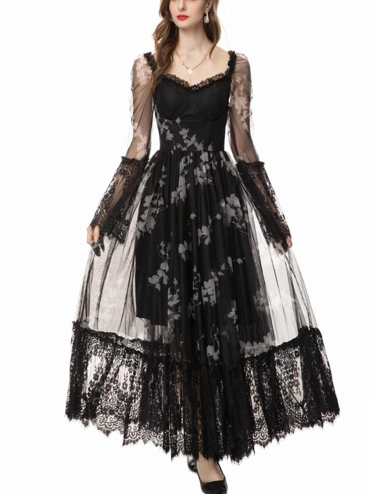 OC133M91 Spring and Summer Women's Dress Multicolored V-neck Long Sleeved Printed Patchwork Lace Long Skirt Temperament Socialite