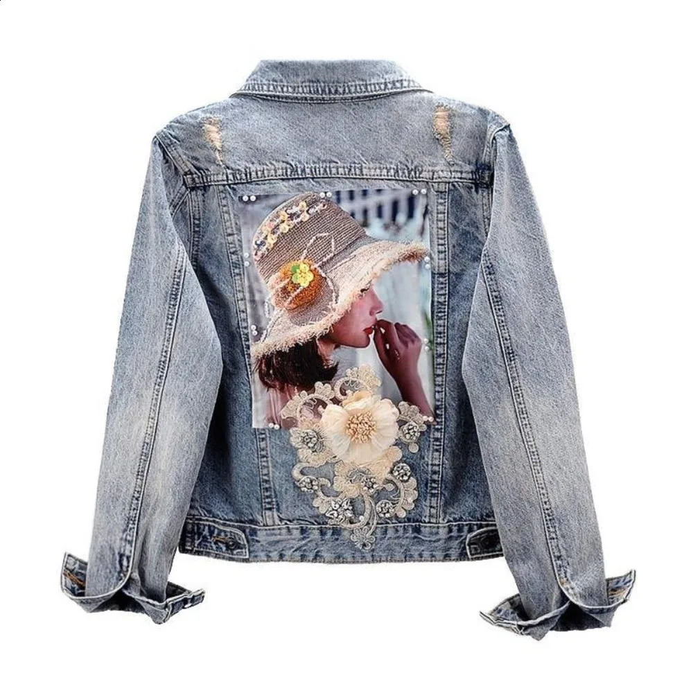Womens Denim JacketsSequin with Rhinestones Hole Sale Cinched Waist Print Graphic Slim Diamonds Female Jeans Coats Ripped 250122