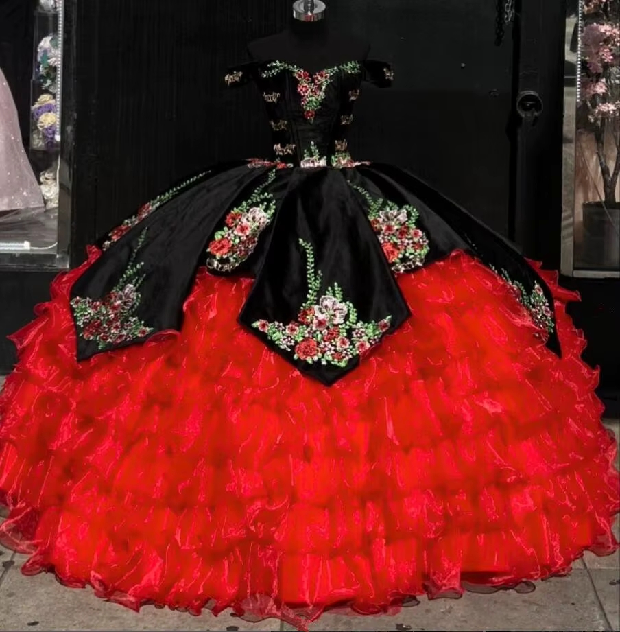Red And Black Charro Princess Quinceanera Dresses Off Shoulder Embrodiery Floral Corset Ruffles Prom Party Gown Pluffy vestidos de 15 anos quinceanera