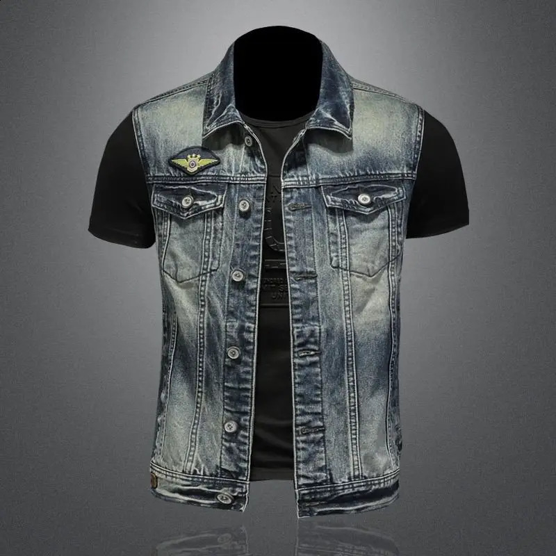 Mens Retro Denim Vest High Street Fashion Slim Fit Handsome Motorcycle Vest Casual Versatile Denim Jacket Mens Clothing 250206