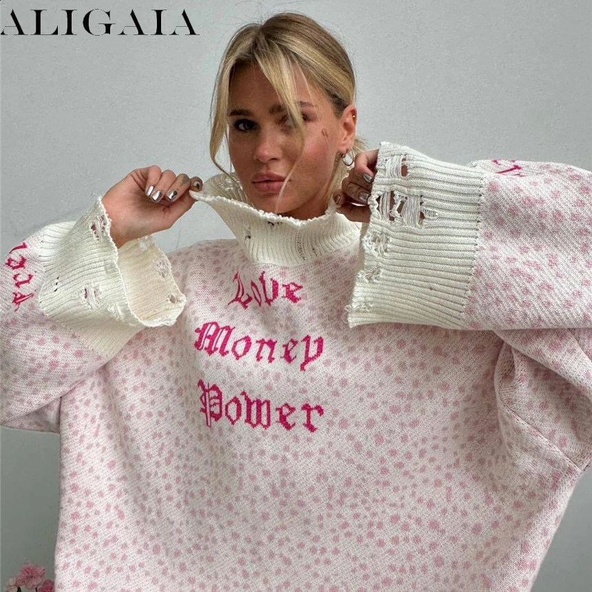 Aligaia Womens Loose Sweater Versatile Letter y Personalized Rugged Woolen Long Sleeve Lazy Pullover Autumn Winter 250114