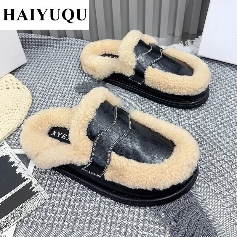 Flats Platform Cotton Slippers Women Fur Mules Shoes Winter Plush Warm Slides 2025 Trend Casual Snow Boots Soft Leather Cozy 250120