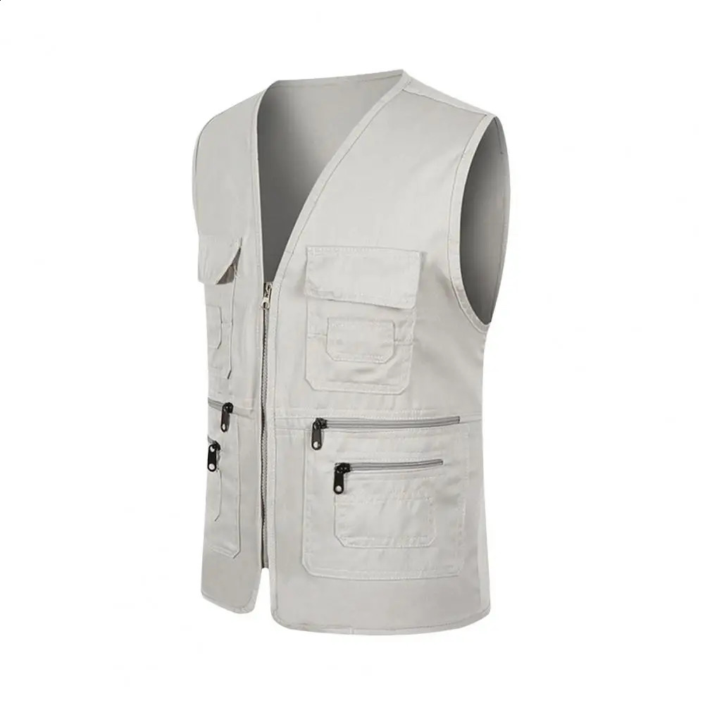 Cargo Waistcoat Men Mens Summer Cargo Waistcoat With Multi Pockets V-neck Zipper Placket Sports Vest For Safety Work 250206