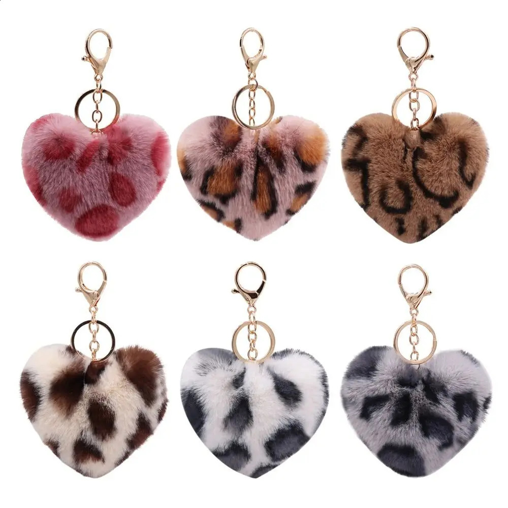 Fashion Multicolor Leopard Pattern Plush Fluffy Peach Heart Shape Pendant Keychain Cute Cartoon Key Chains Car Keyring 250107