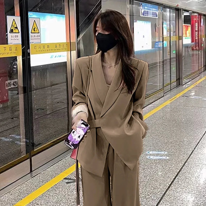 Spring Women Suit Jacket High Waist Wide Leg Long Pants Solid Two-Piece Set Spring and Autumn womens suit set 250206