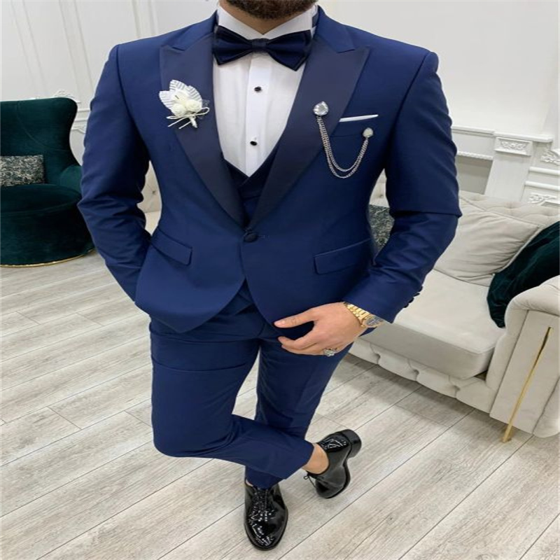 Handsome Blue Wedding Tuxedo Groom Wear Formal Prom Evening Peaky Pant Suit Costume Outfit Slim Fit 3 Piece Suit Set Dinner Bespoke 3 Pieces Male Buss