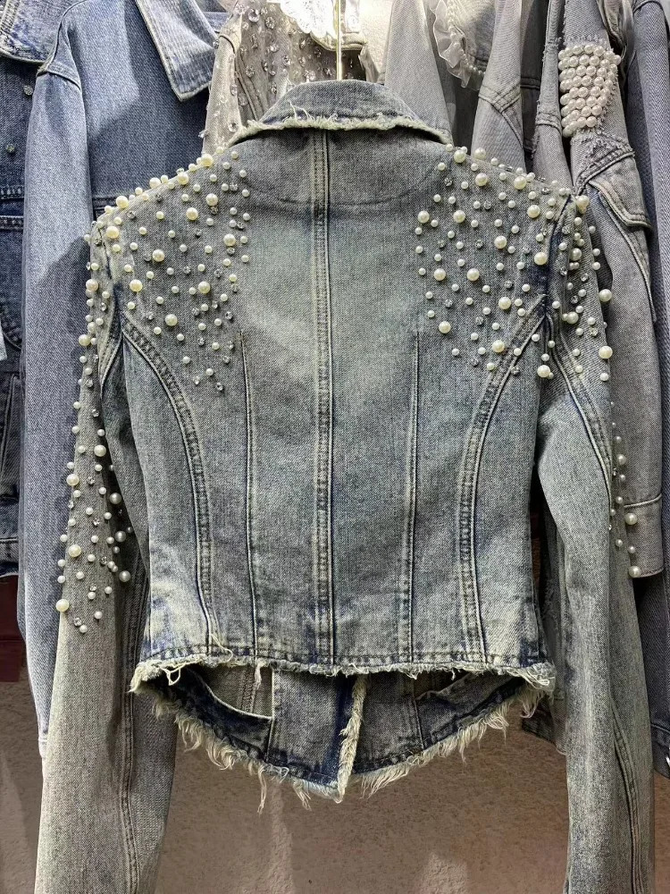 Spring Pearl Diamonds Beading Denim Jacket Women Vintage Notched Blue Slim Jeans Coat Female Long Sleeve Short Cow Outerwear 250116