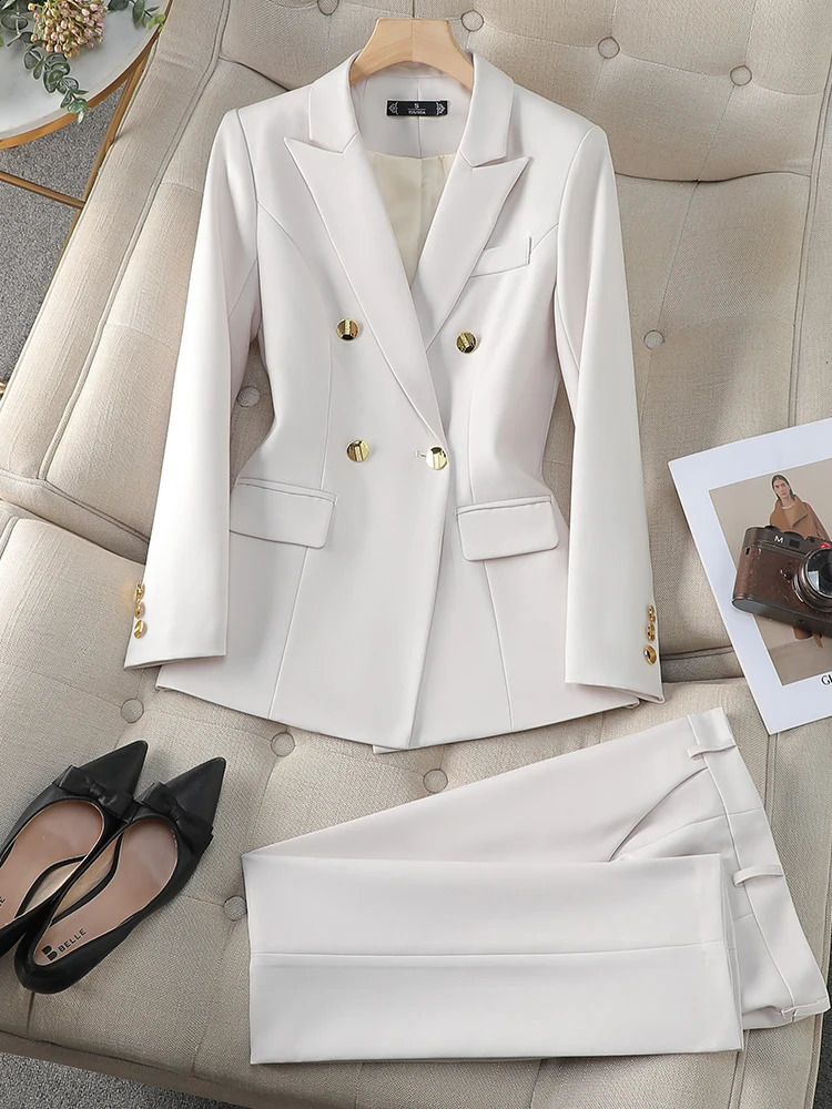 Navy Apricot Khaki Office Ladies Winter Pant Suit Women Female Business Work Wear Jacket Blazer and Trouser Formal 2 Piece Set 250206
