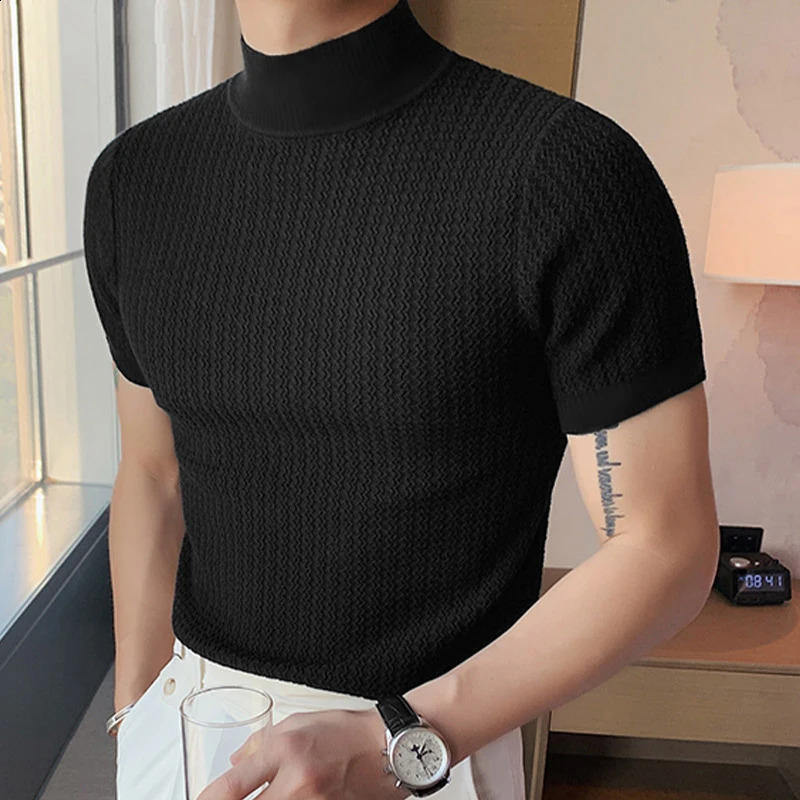 2023 Summer Tight Knited Tshirt Casual Streetwear Highneck Solid Color Shortsleeved Bottoming Tees S3XL Clothing 250120
