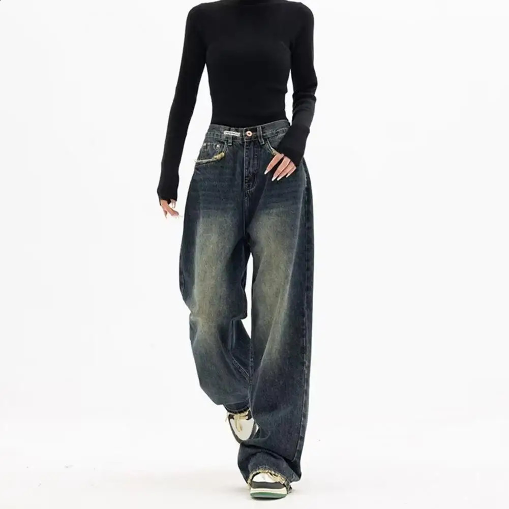 Loose Leg n Trousers Vintage High Waist Wide Denim Jeans with Deep Crotch Pockets Streetwear Fashion Button 250121