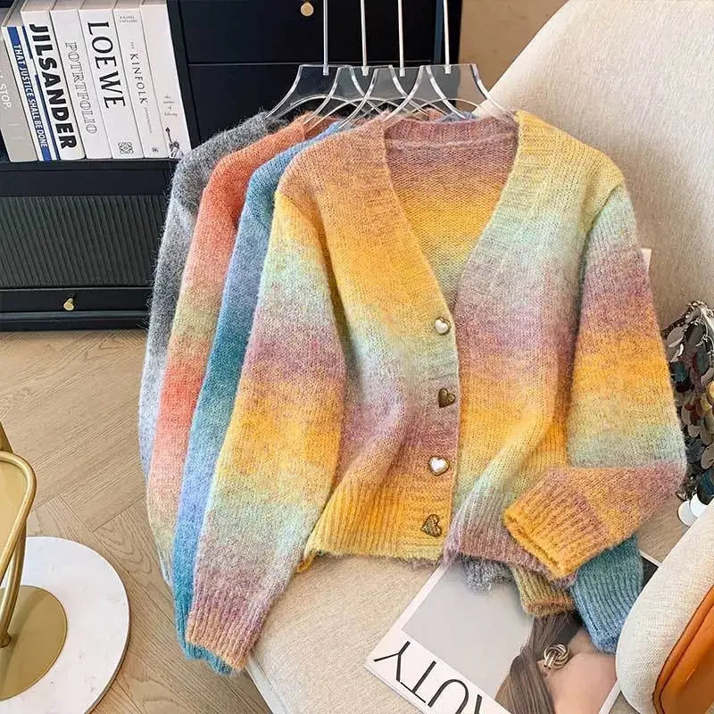 Spring And Autumn Slimming Knit Sweater Womens Fashionable Color Block Gradient Waist-Fitted Cardigan V-Neck Top 250206