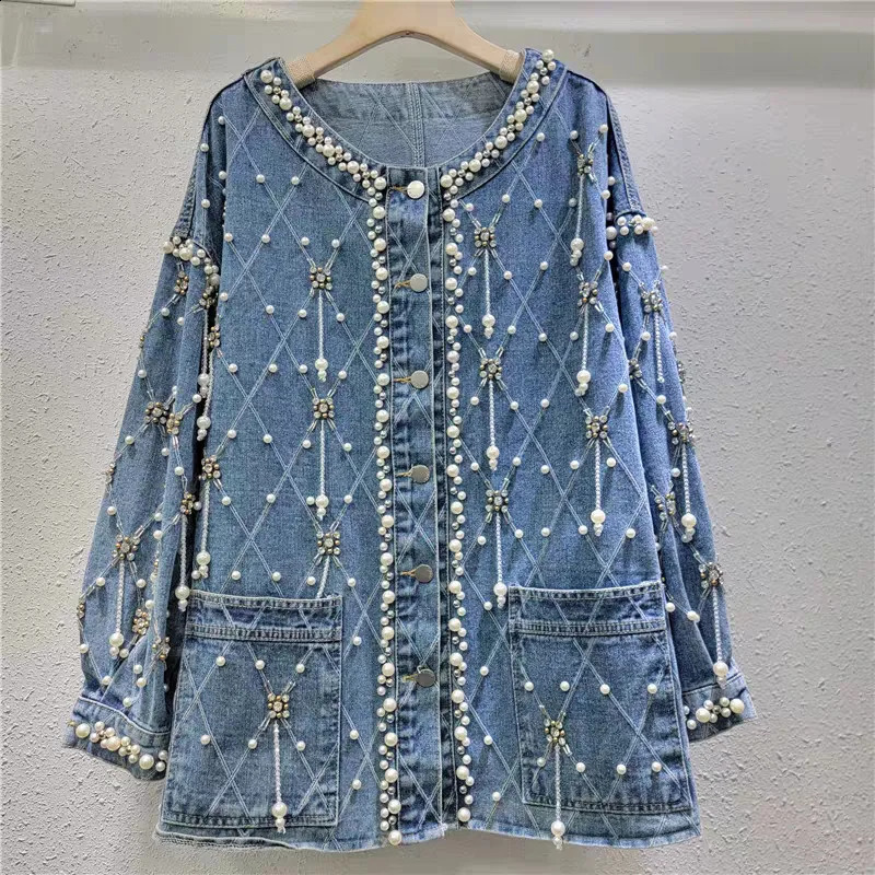 WTHT Trendy Womens Plaid Tassel Diamonds Denim Jacket 2025 Spring Fashion O-neck Long Sleeve Mid-length Coat Female 1LS709 250121