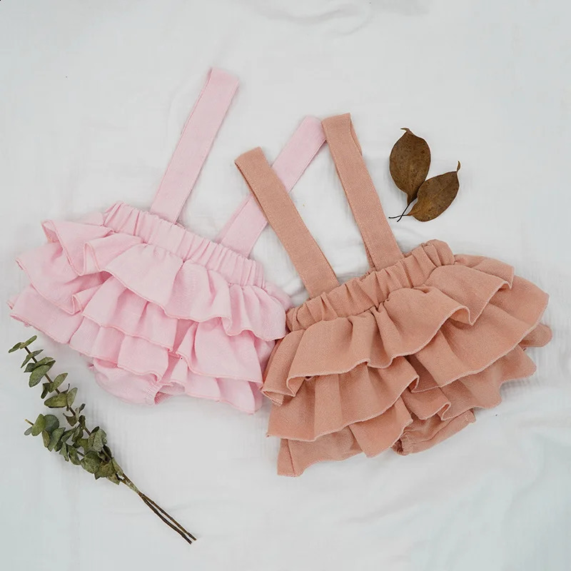 Baby Girls Linen Bloomers Shorts Fashion Toddlers Kids Pink Tutu Skirts Faldas Ruffle Straps Pants For born Spodnica 250206