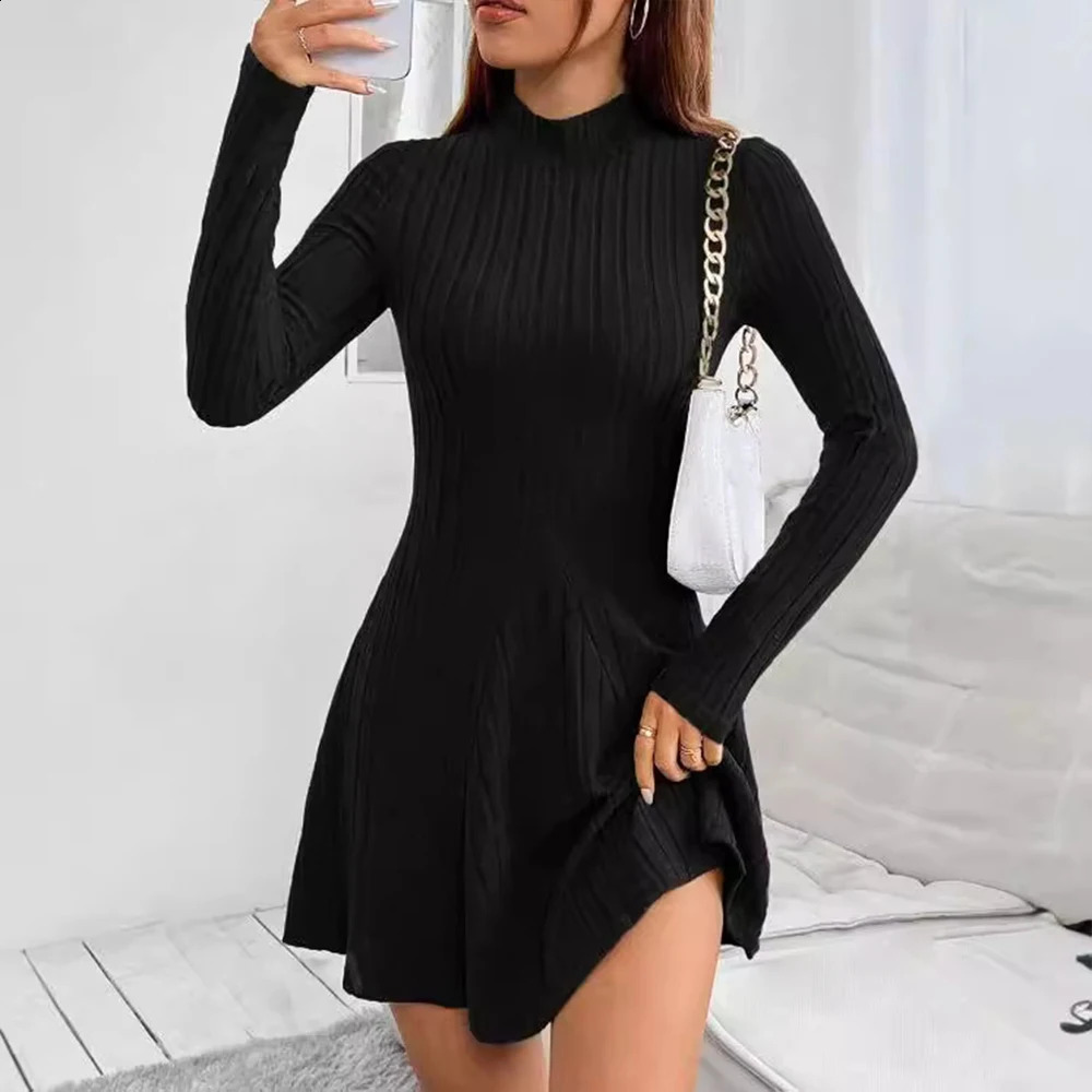 Elegant Women Simple Slim Short Dress Solid Striped Sweater Long Sleeve Dress Round Neck Autumn Winter Commute Street Dress 250122