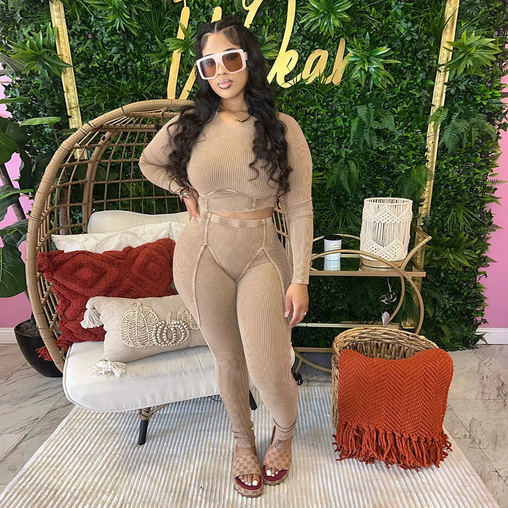 Workout Custom Two Piece Fitness Knit Pant Sets Wholesale Casual Women Ribbed 2 Piece Knit Set Women Clothes 250121