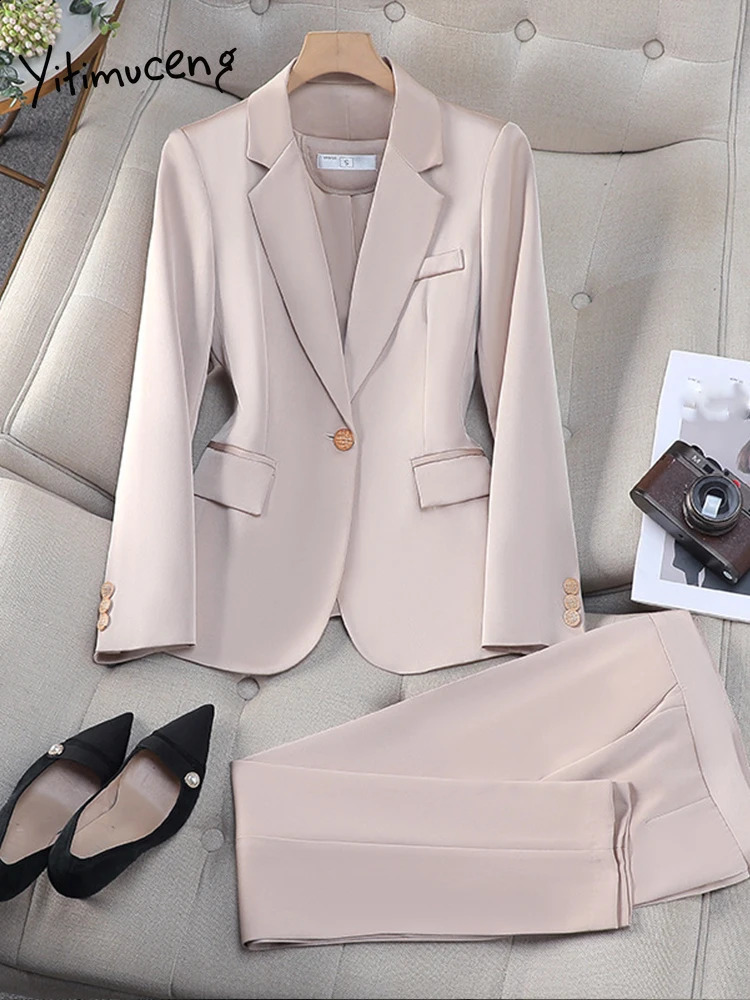Yitimuceng Women Single Button Office Pants Suits Monochromatic Slim Fit Flip Collar Fashion 2 Piece Set 250206