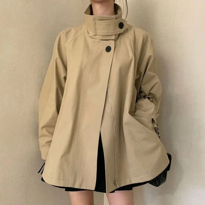 2025 Womens Trench Jacket Korean Vintage Niche Stand Collar Two-button Loose Casual Long Sleeve Trench Jacket Female 250118
