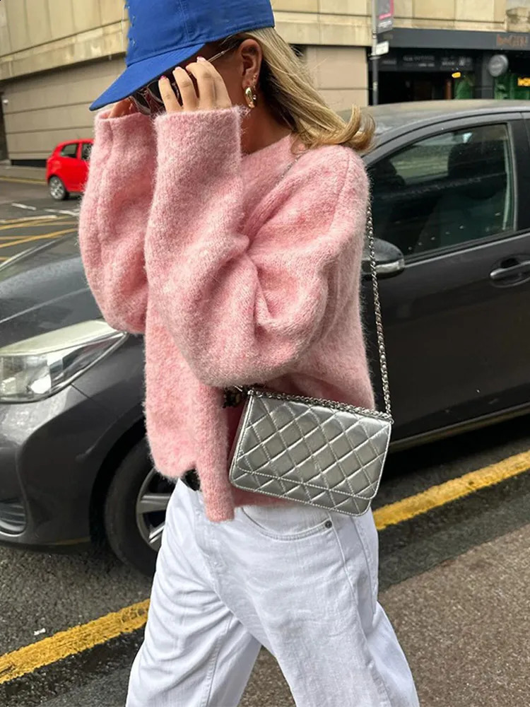 Oversize Mohair Knitted Long Sleeved Pullover Women Grey Round Neck Loose Sweater Tops 2024 Autumn High Street Jumpers 250121