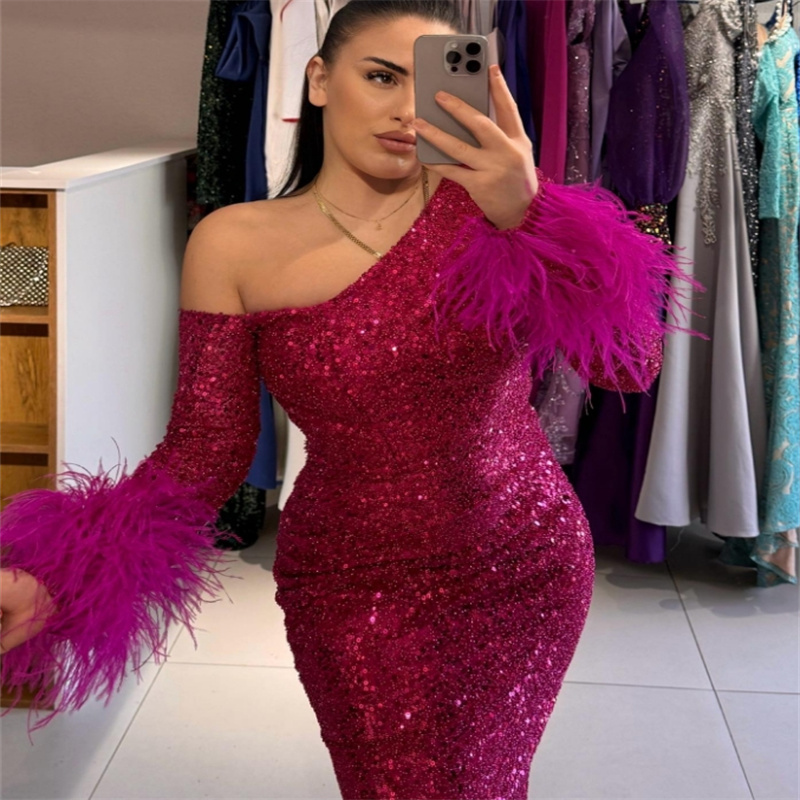 Shiny Fuchsia Prom Dress With Feather Sparkly Mermaid Sequin Dubai Evening Dress Arabic Plus Size Formal Birthday Luxury Long Sleeve Speical Occasion 