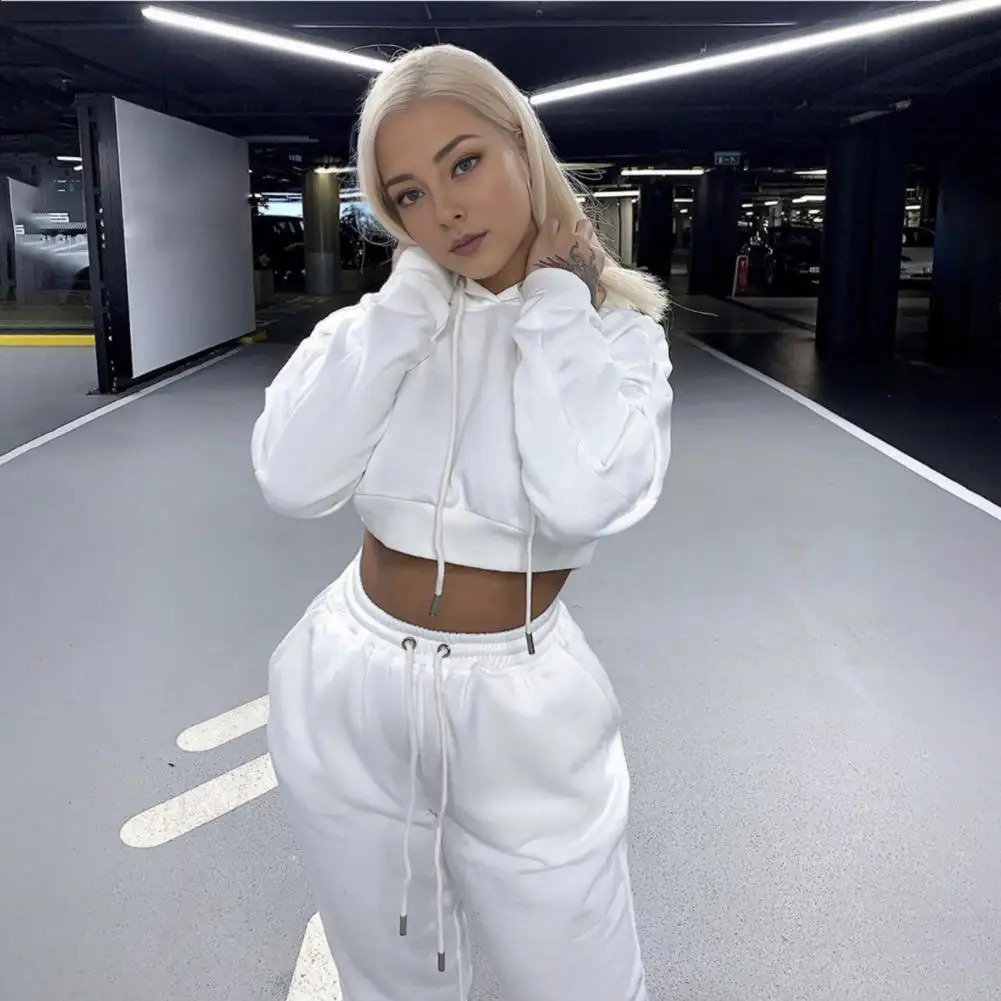 2 Pcs Women Fall Hoodie Pants Set Long Sleeve Thick Hooded Short Top Elastic Waist Loose Sweatpants Winter Tracksuit Pansuit 250122
