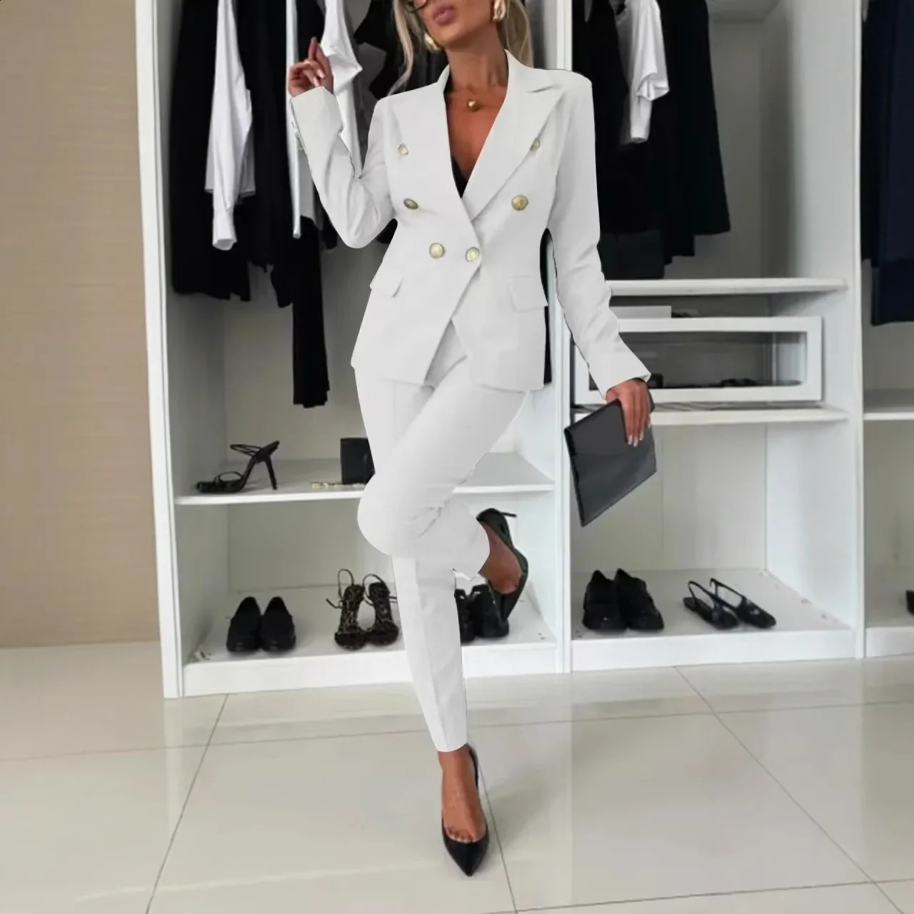 Women Office Smart Clothes Set 2pcs Blazer Double Breasted Button Solid Color Jacket High Waist Slim Pencil Pants 250206