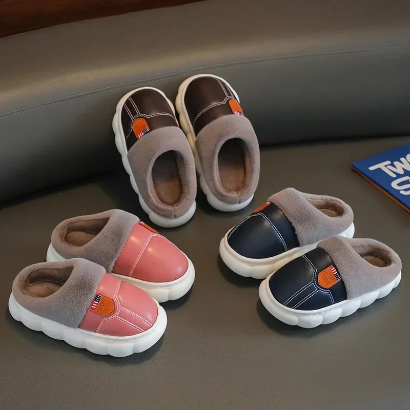 Children Cotton Slippers Princess Shoes Kids Warm Winter Waterproof Leather Furry Slippers Little Girl Boy Soft Sole Baby Shoes 250206