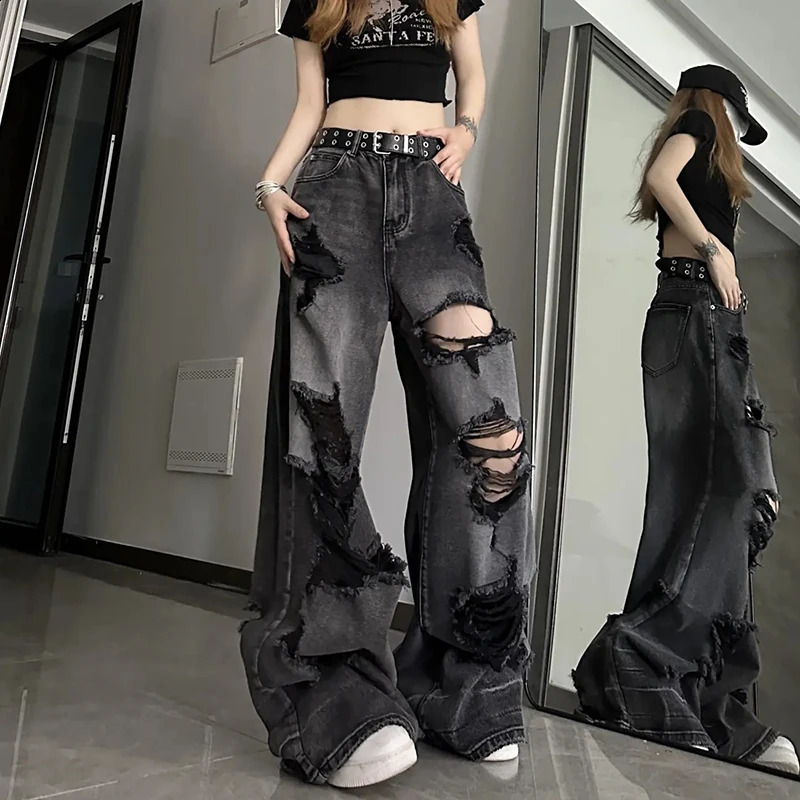 American Y2K Vintage Ripped Women Denim Pants Summer High Street Casual Jeans Ladies Wide Leg All Match Female Trousers 250121