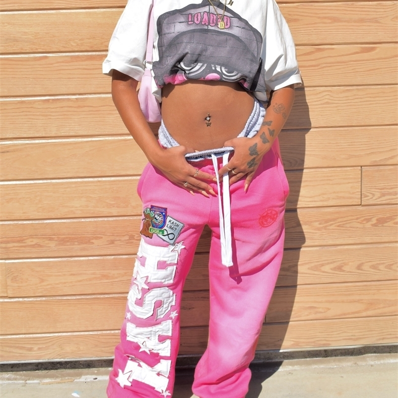 Streetwear Pink Double Layer Sweatpants Men Women Y2K Hip Hop Retro Letter Patch Loose Stretch High Waisted Jogging Pants Z260314