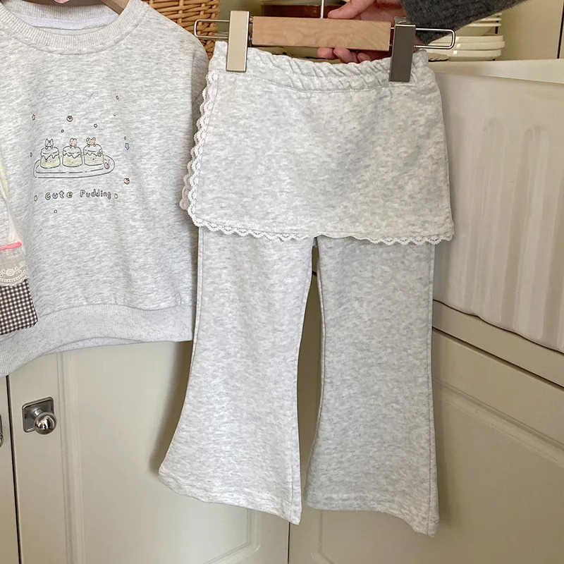 Girls Korean set spring simple cartoon hoodie with patchwork lace fart curtain skirt pants fashion childrens clothing 250117