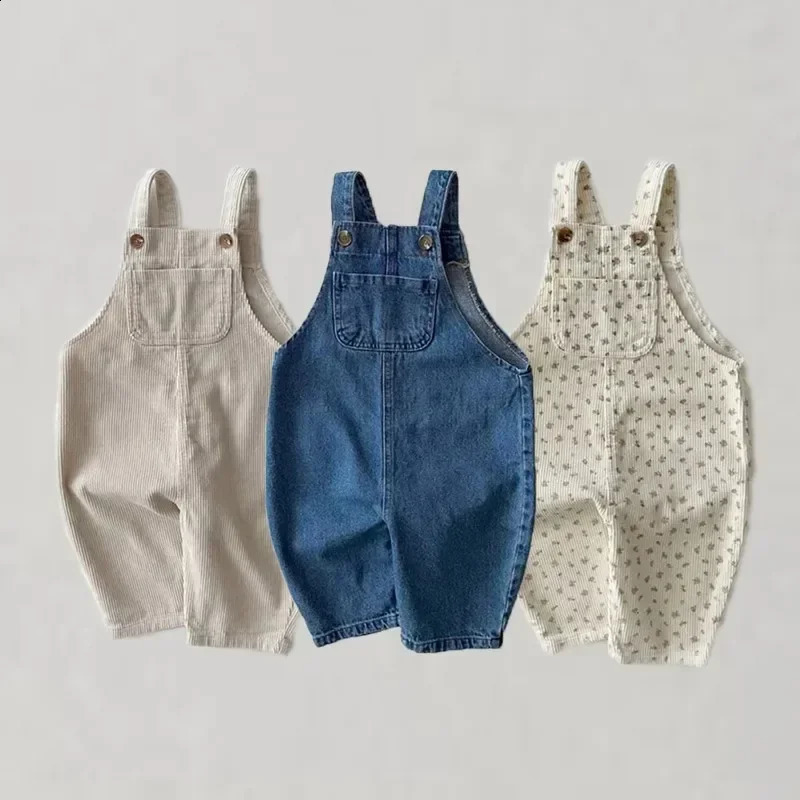 Autumn Baby Boy Solid Casual Overalls Girls Children Floral Suspenders Jumpsuit Kid Loose Cotton Denim Pants Infant Trouser 250206