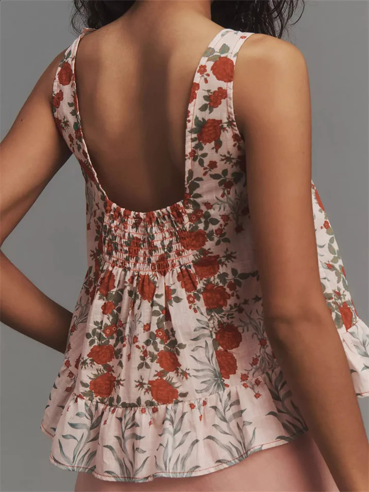 CHRONSTYLE Vintage Women Sleeveless Square Neck Low Cut Tank Tops Loose Casual Summer Floral Print Vest Streetwear Camisole 250206