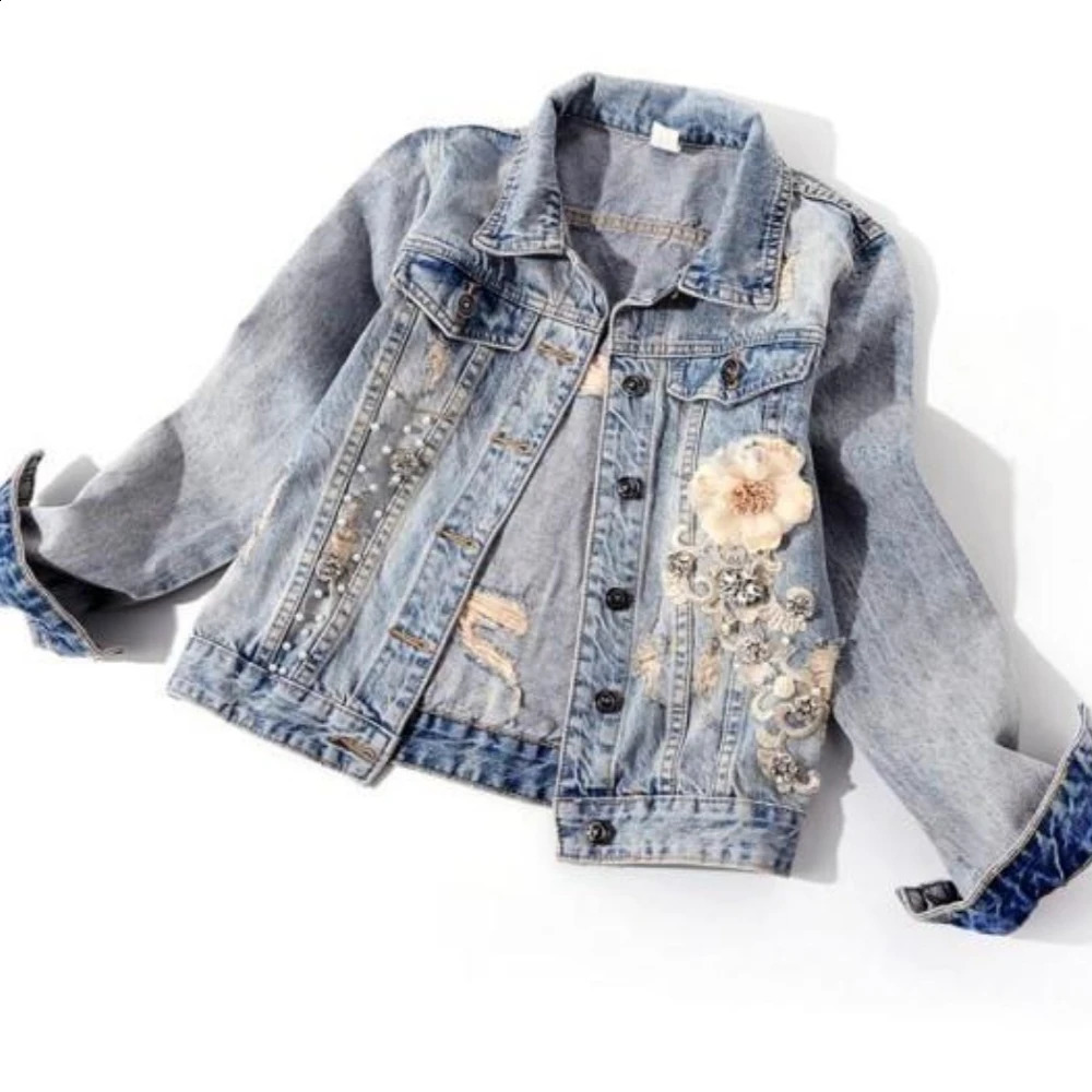 Womens Denim JacketsSequin with Rhinestones Hole Sale Cinched Waist Print Graphic Slim Diamonds Female Jeans Coats Ripped 250122