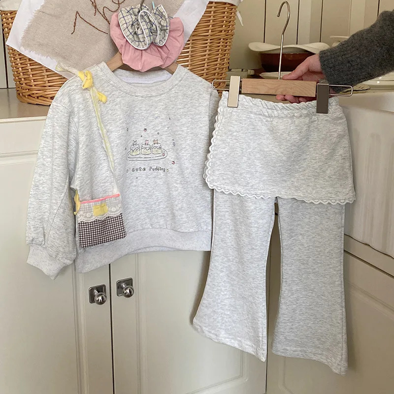 Girls Korean set spring simple cartoon hoodie with patchwork lace fart curtain skirt pants fashion childrens clothing 250117