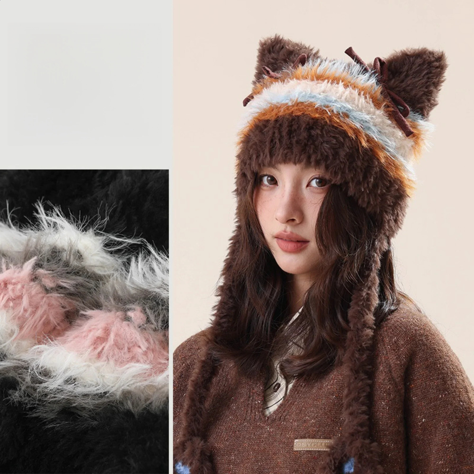 Bow Fashion Personalized Cat Ear Keep Warm Knitted Hat Multicolour Striped Plush Winter Hat Beanie Athleisur Bonnet Female 250120