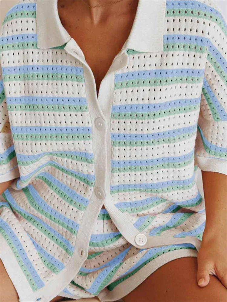 2 Piece Sets Women Striped Contrast Knit Loungewear Button Down Short Sleeve Tops and Shorts Sets Beach Casual Loose Streetwear 250121