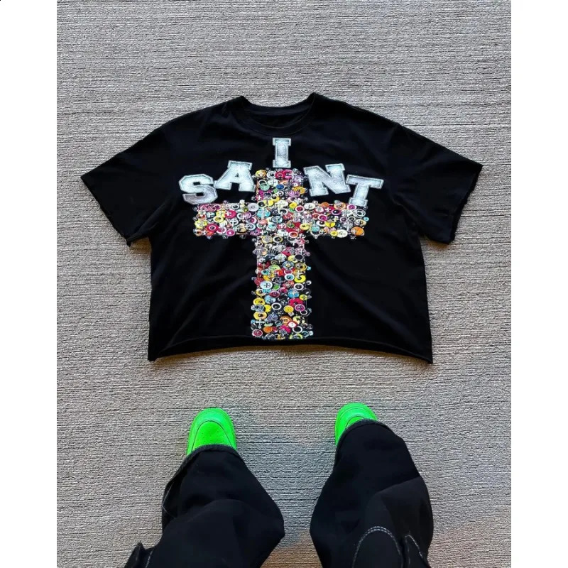 Gothic Retro Brown Seven Quarter Sleeves Tops Y2K Clothing Men Women Harajuku Hip Hop Cross Graphic Print Oversized T Shirt 250206